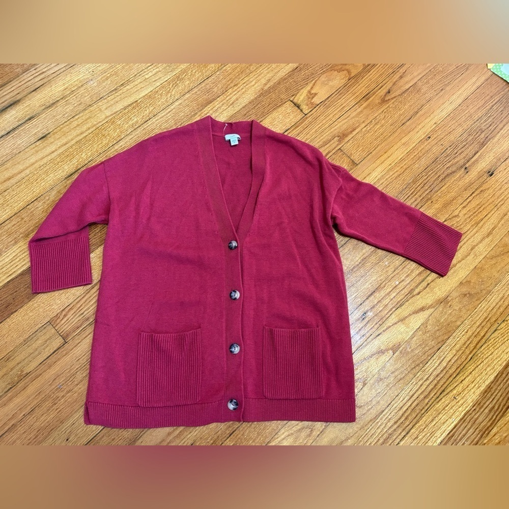 J Jill Cardigan Sweater 3/4 Sleeve V‎ Neck Red Burgundy Pockets Sz XS Oversized